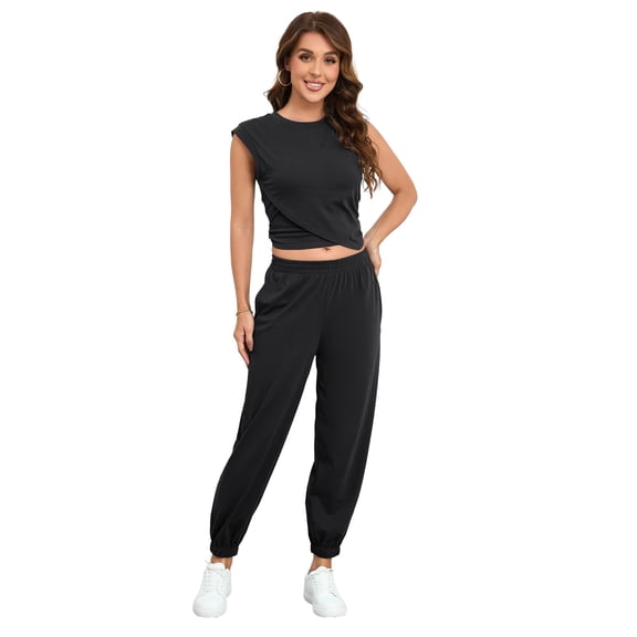 Fiophy Women's Cozy 2 Piece Outfits Lounge Sets Sleeveless Cropped Tops High Waisted Jogger Sweatpants Sweats Track Suits Set, Black, L