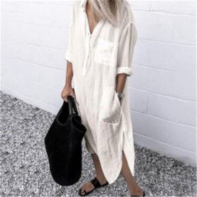 Summer Dresses for Women Trendy Women Easy Double Pockets Slip Dress A-line  Pleated Flowy Long Sleeves Ruched Beach Party Split Solid Color Long Shirt  Dress Beige 3XL - Walmart.com