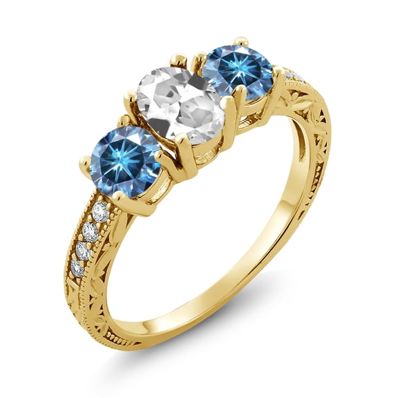 Gem Stone King 18K Yellow Gold Plated Silver 3-Stone Ring Oval White Created Sapphire and Vivid Persian Blue Moissanite (2.12 Cttw, Size 8)