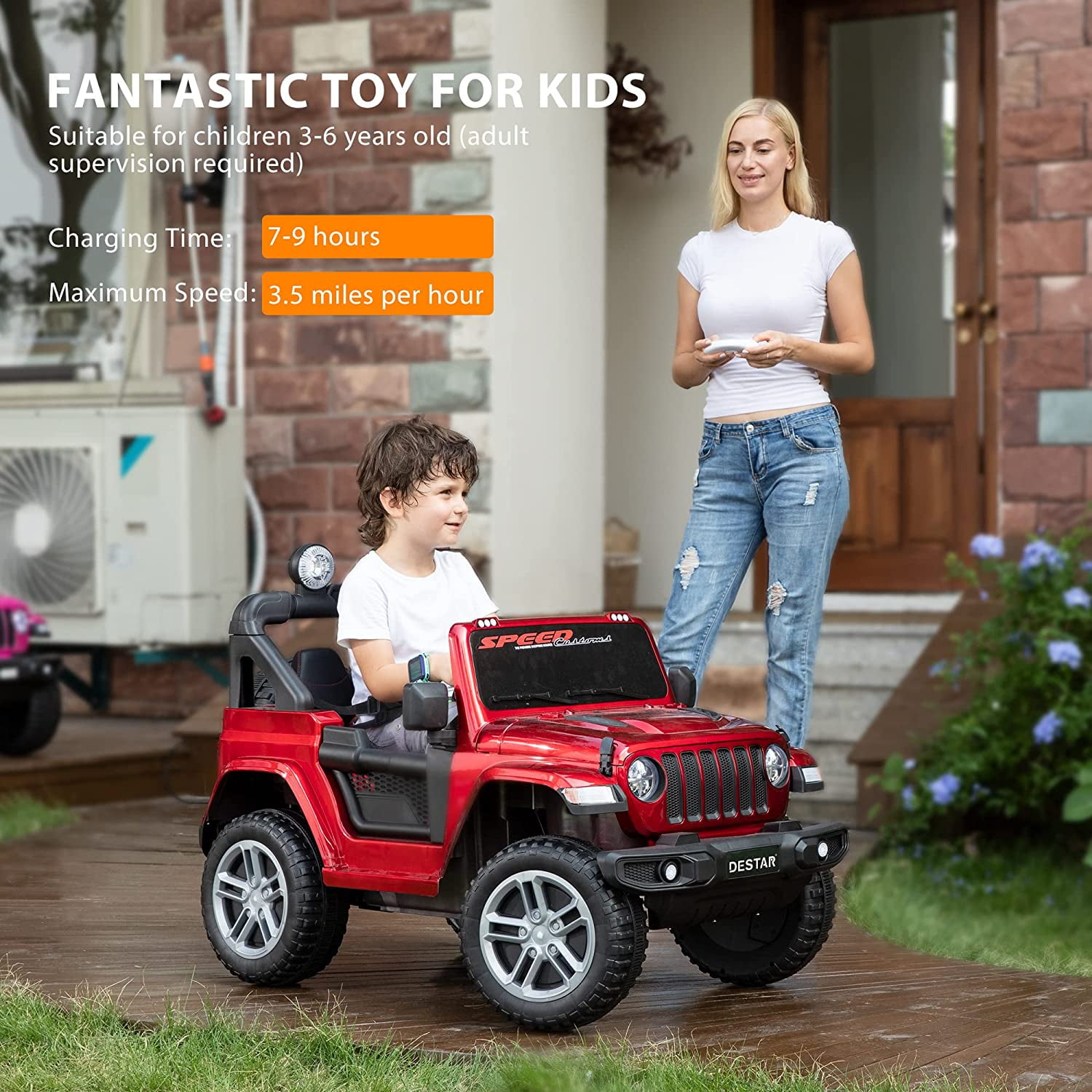 LED Headlights DEStar 12V Ride-on Truck with Parental Remote Control 3 Speeds Red Battery Powered Kids Toy Car with Leather Seaters MP3 Player 