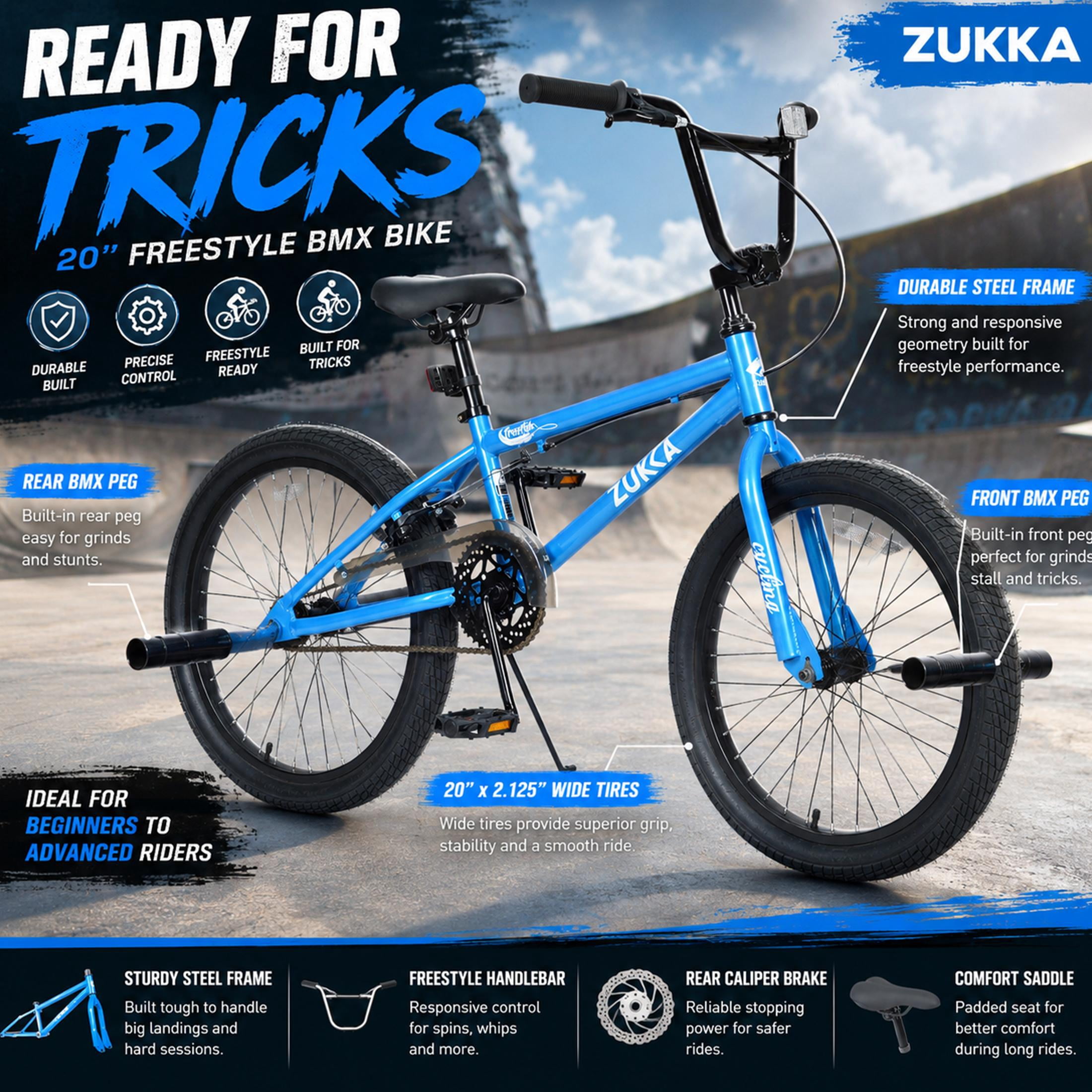 20 Inch Kids Bike Freestyle MTB Single Speed Bicycle for Boys Girls Age 7–10, Steel Frame, Rear Caliper Brake, Adjustable Seat, BMX Pegs, Outdoor Children Bicycle Blue