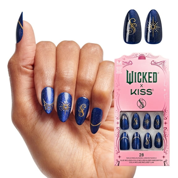 WICKED X KISS Press on Nails, Shiz Chemistry Club, Blue, Medium Almond, 28 Count