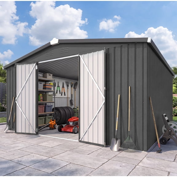 AECOJOY 12' x 12' Outdoor Storage Shed with Lockable Door Patio Metal Garden Storage Building in Dark Gray for Outside