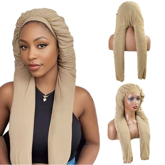 2-in-1 Long Bonnet for Braids and Long Hair Protection, Pantyhose Shower Cap for Women, Soft Skin-Friendly Khaki