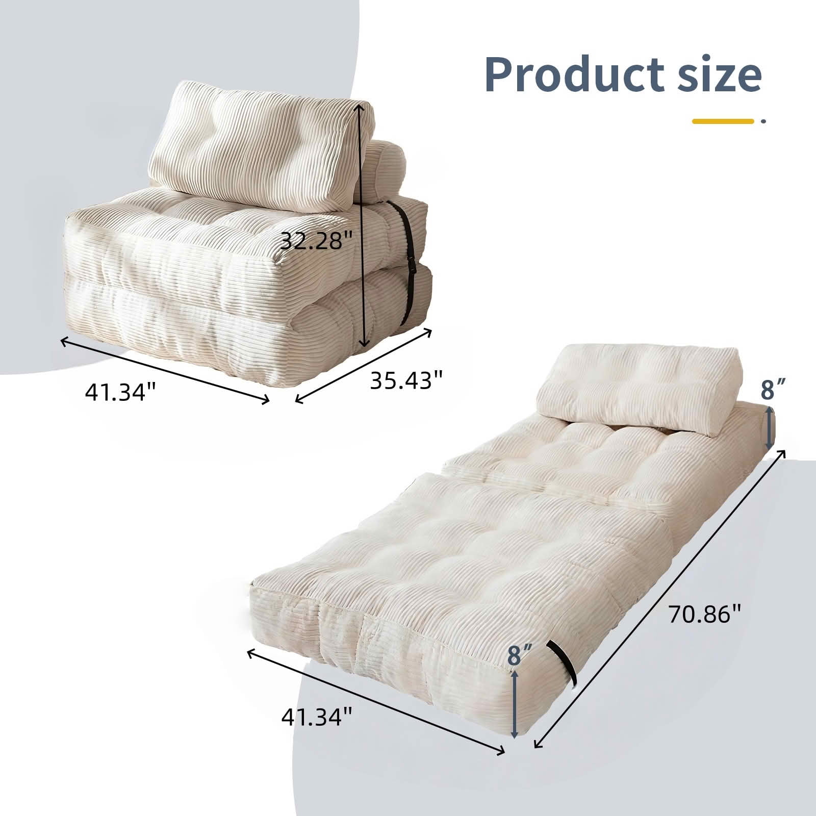 MAYEERTY Multifunctional 2-in-1 Convertible Single Sofa Bed, Modular Corduroy Floor Lounger for Compact Living Spaces，White