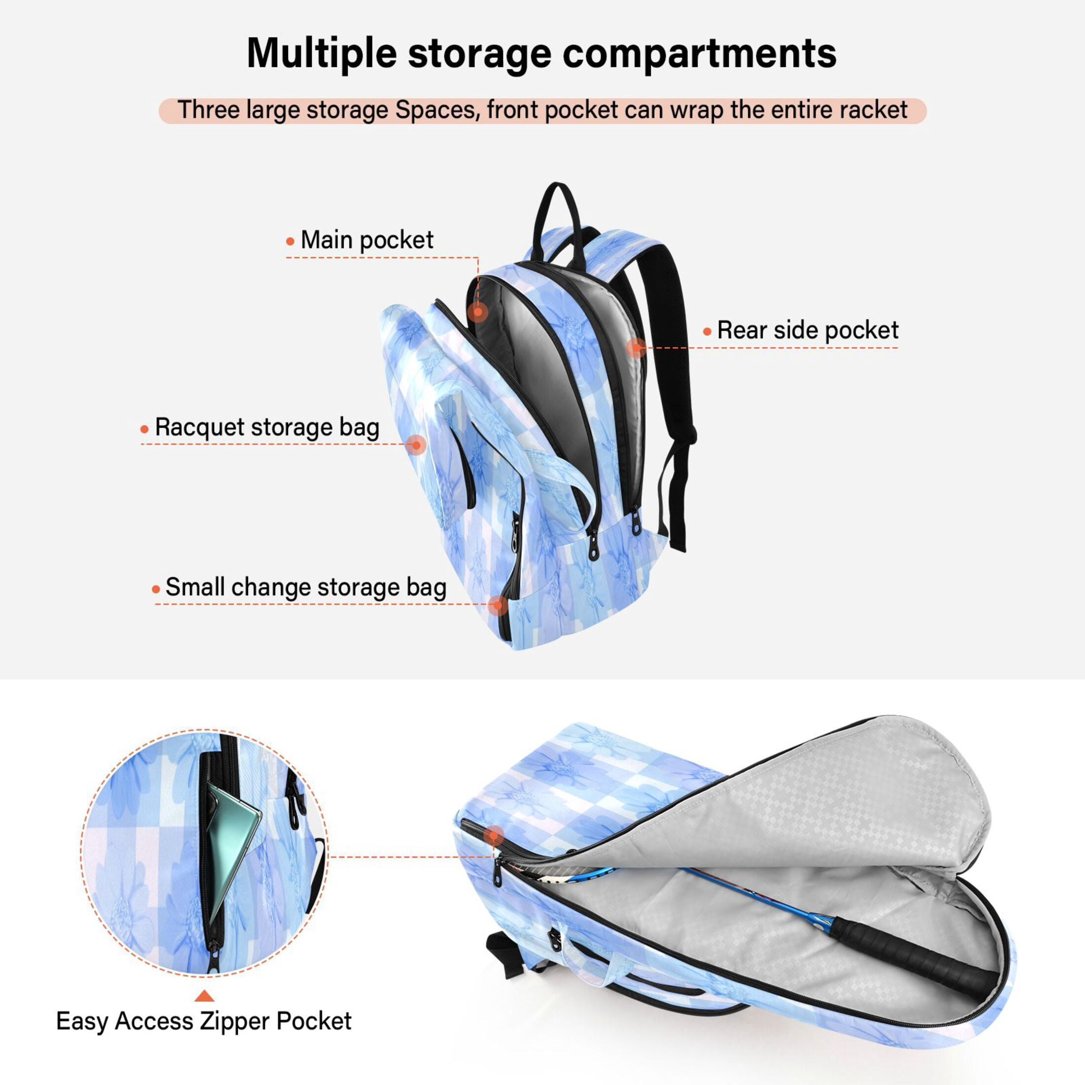2 Racquet Holder Tennis Backpack Tennis Racket Covers Gym Bags Cute Blue Gingham Flowers