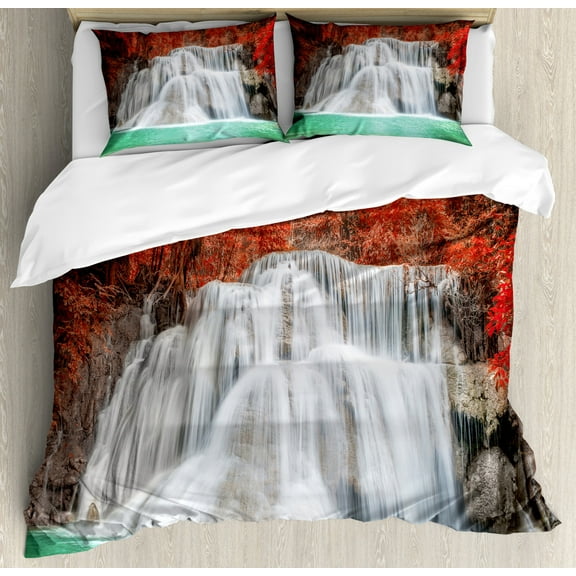 Landscape Duvet Cover Set Queen Size, Nature Theme with River in the Fall Season Warm Colored Leaves, Decorative 3 Piece Bedding Set with 2 Pillow Shams, Vermilion Pale Blue and Brown, by Ambesonne