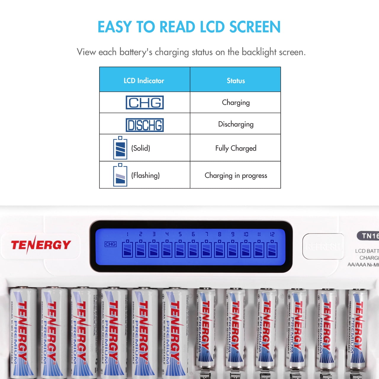 Tenergy TN160 Charger And 12 Pack Tenergy AA Rechargeable Batteries