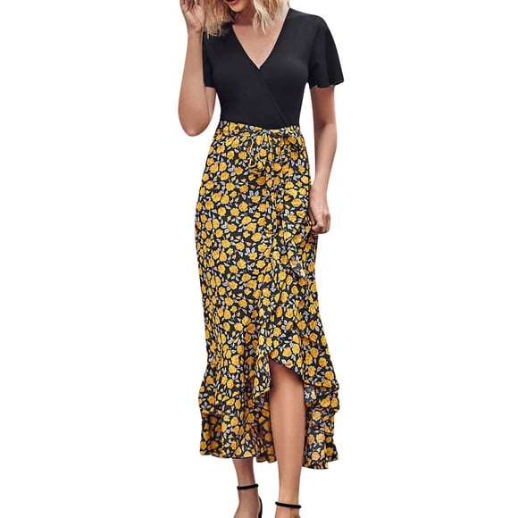 Meichang Women's Boho Maxi Dress Tunic Floral Print V Neck Dresses Elegant Side Split Ruffle Hem Sundress Casual High Waist Holiday Club Sundresses With Waist Tie