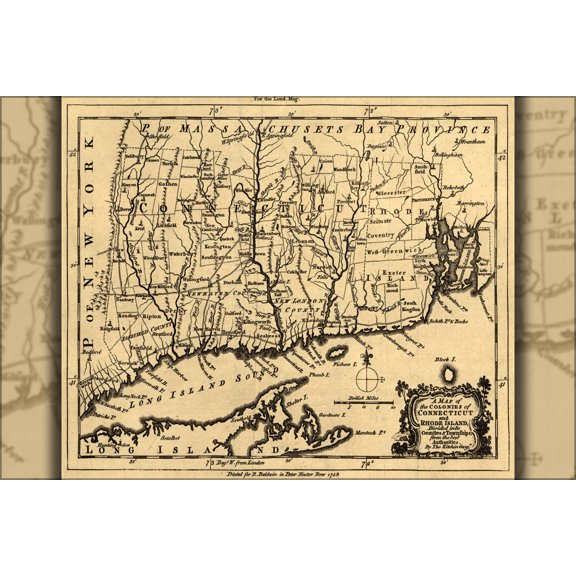 24"x36" Gallery Poster, map of Connecticut and Rhode Island 1758