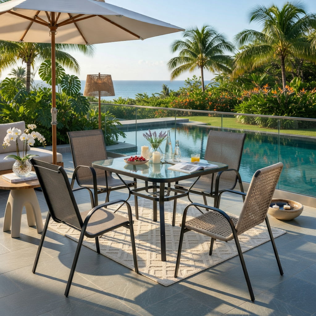 Hommoo 6-Pack Stackable Outdoor Dining Chairs, Breathable Fabric Seat, Curved Armrests, Heavy-Duty Steel Frame, Ideal for Patio, Backyard, Poolside & Balcony, Brown