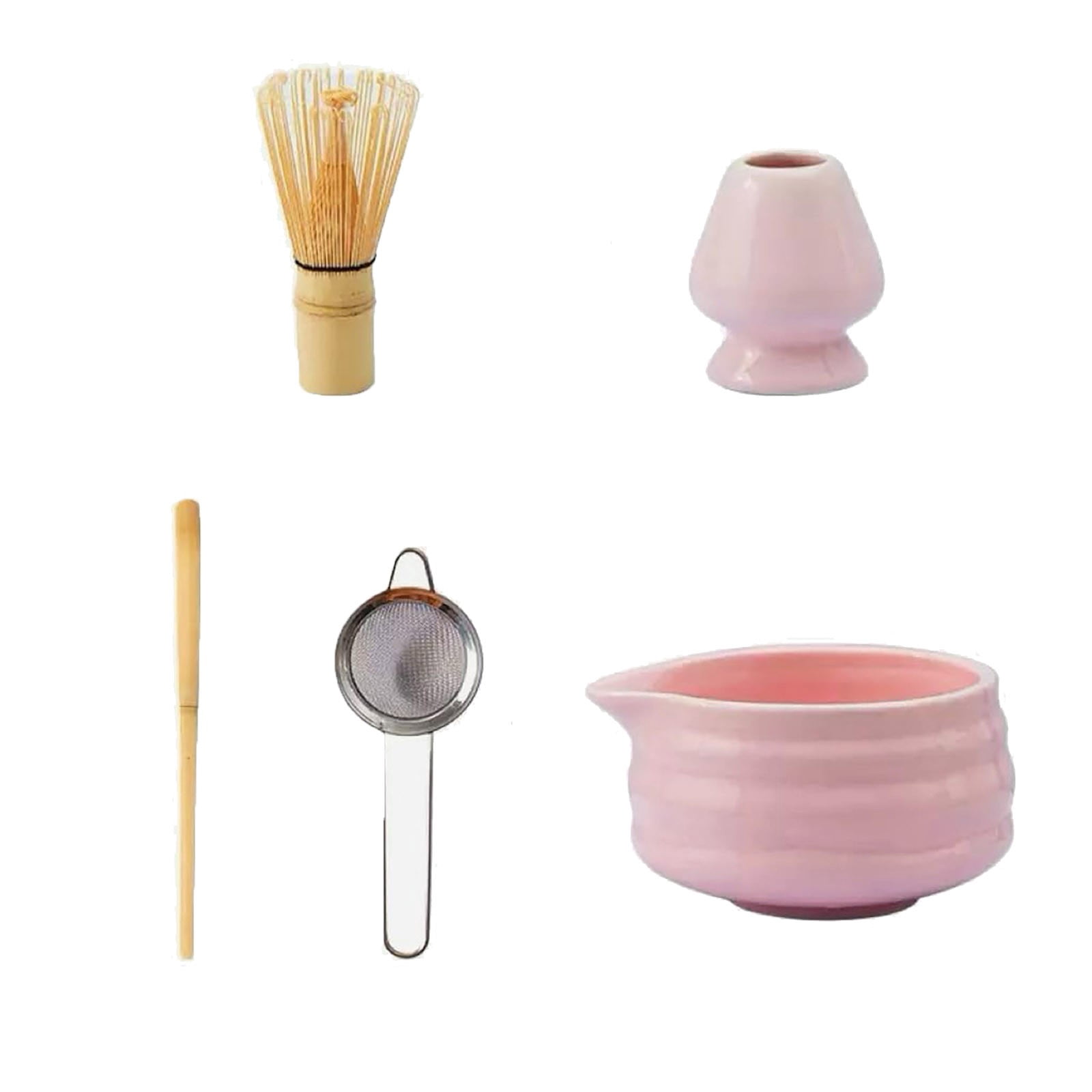 XINGXIANG Cute Pink Matcha Whisk Set 5-Piece,Matcha Sifter with Bowl, Bamboo Whisk & Holder, Strainer, Scoop, Chasen Chawan for Matcha Tea Powder Starter Kit, Traditional Ceramic Tools