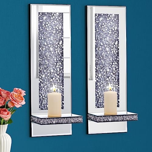 Crystal Crush Diamond Mirrored Candle Sconces, Silver Wall Candle Holder Set of 2, Wall Decorations for Living Room，Dining Room (Rectangle (Style 4))