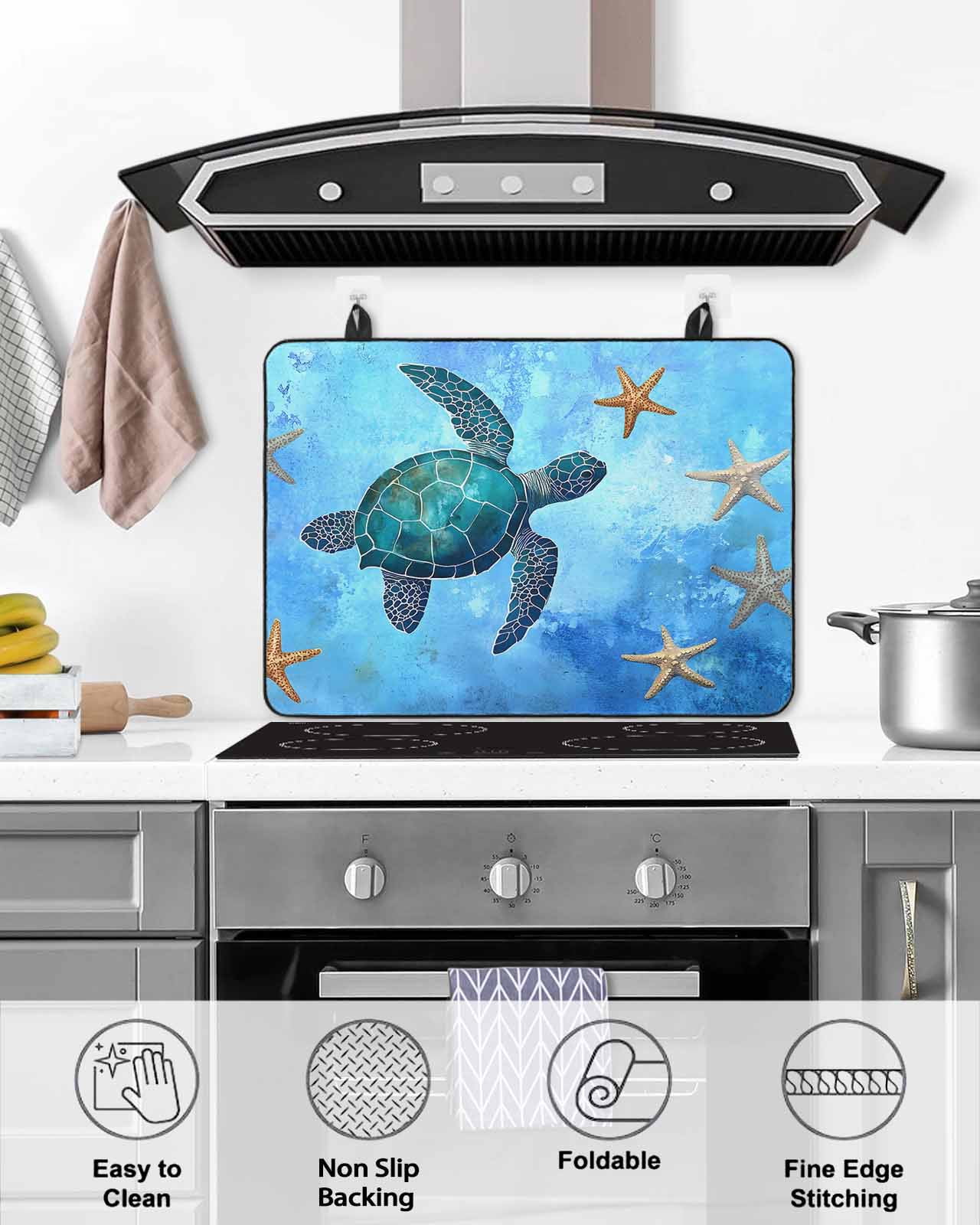 nqOlkjepod Large Induction Cooktop Protector Mat 36"x21", Turtle Blue Stove Top Covers for Electric Stove, Coastal Ocean Retro Starfish Sea Decorative Stove Burner Cover Mats, Glass Top Stove Cover