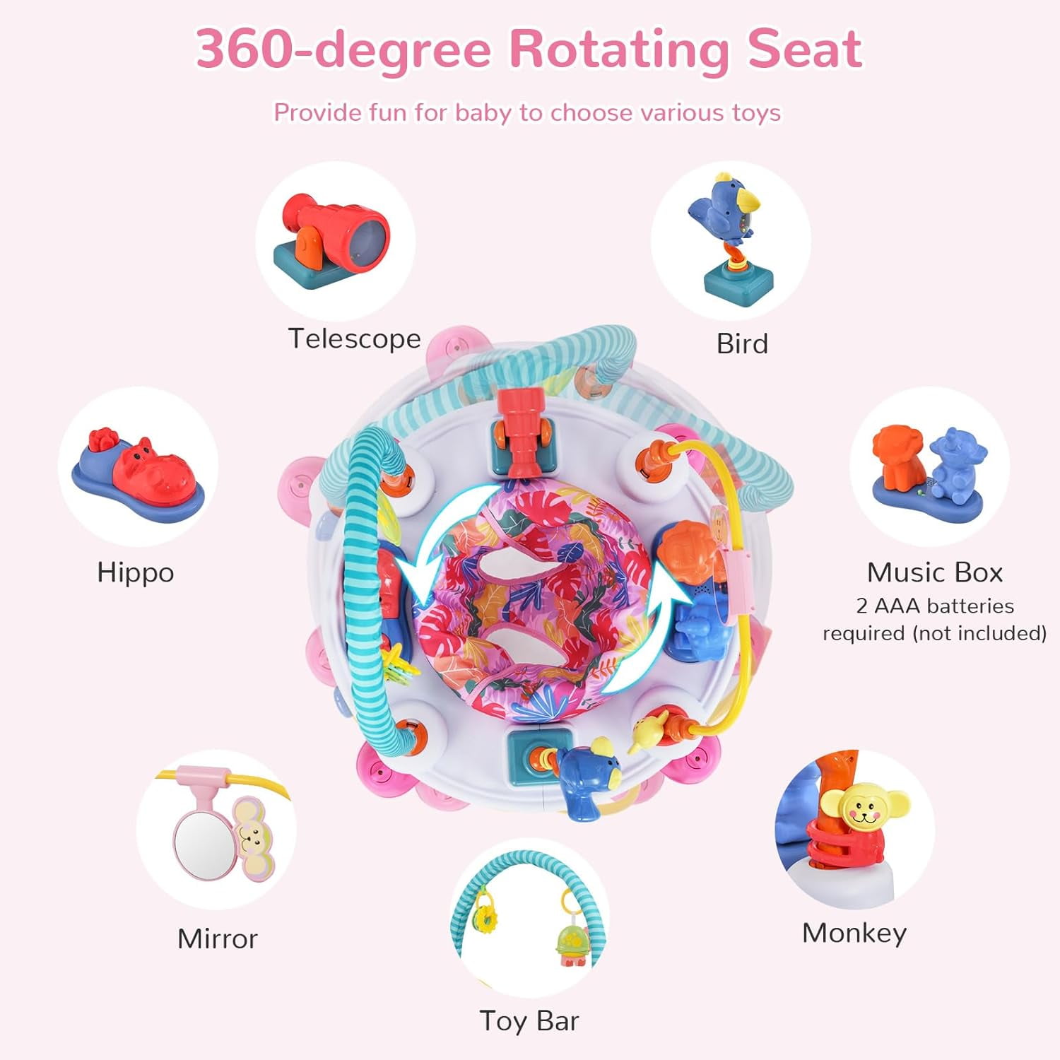 INFANS 5 in 1 Baby Activity Center with 8 Toys, Play Mat, 360°Rotating Seat, Foldable Infant Learning Table with 3 Adjustable Height for 0-24 Months
