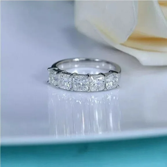 14k White Gold Plated 3TCW Cushion Cut 5-Stone Lab Created Diamond Women's Anniversary Band Ring