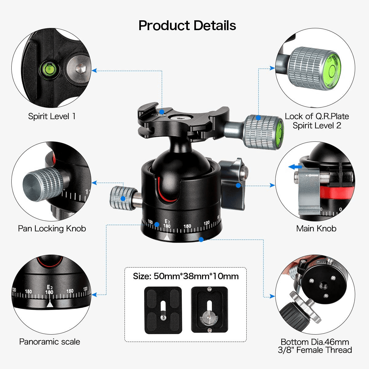 Koolehaoda Tripod Ball Head, 360° Panoramic Aluminum Alloy Ball