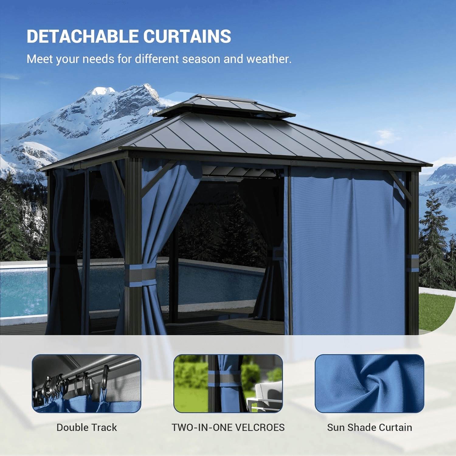 ELPOSUN Outdoor Living 12’ X 14’ Hardtop Gazebo Canopy with Netting & Curtains, Outdoor Aluminum Gazebo with Galvanized Steel Double Roof for Patio Lawn and Garden, Blue