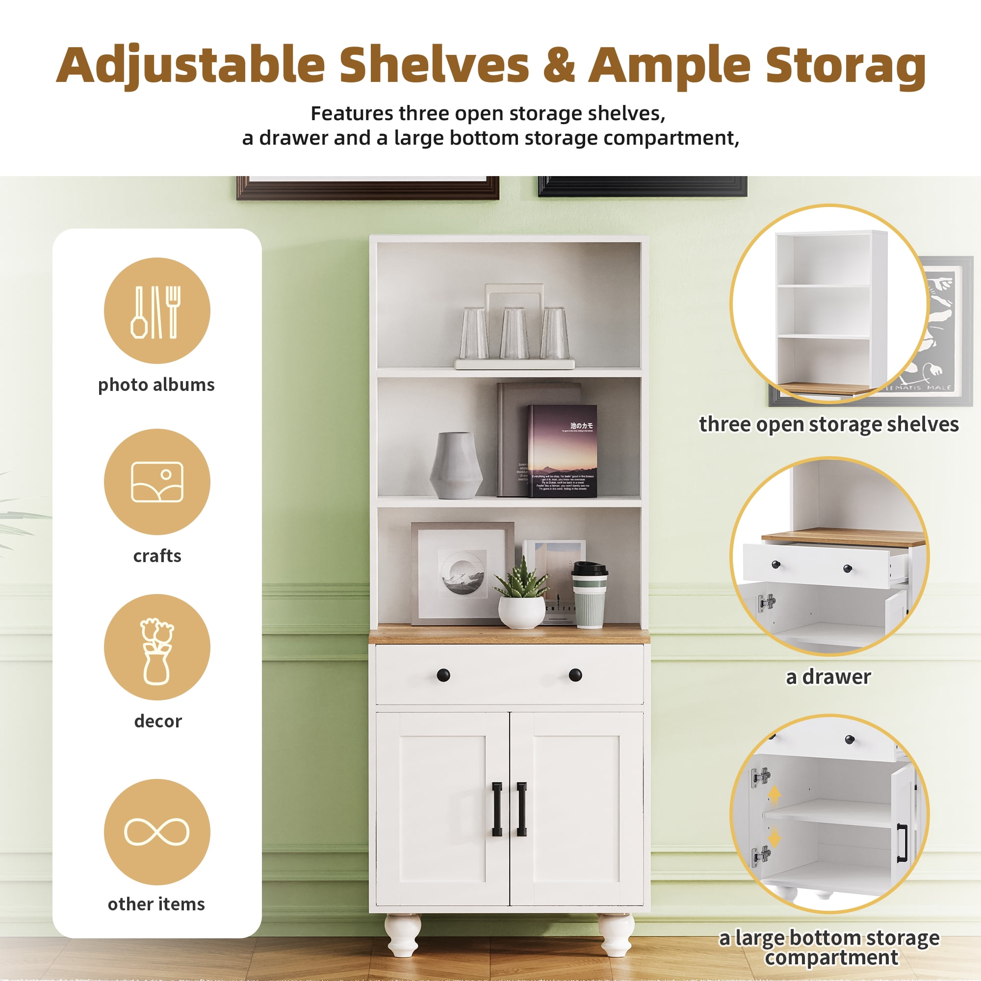 Euroco Farmhouse Tall Storage Cabinet with Drawer & Adjustable Shelves, Free-Standing Pantry Cabinet with Gourd Legs,Kitchen or Entryway,White
