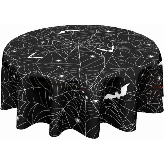 Verolix Halloween Round Tablecloth 60 Inch Spider Web Bat Design, Polyester Waterproof Washable Wrinkle Resistant Table Cover for Party Dining Outdoor Picnic
