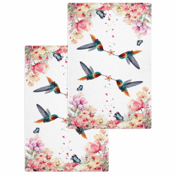 Pink Flower Kitchen Dish Towels for Drying Dishes Set of 2, Spring Floral Butterflies Birds Farmhouse Waffle Weave Microfiber Hand Tea Bathroom Towels Quick Dry & Absorbent Towel 15.7x23.6