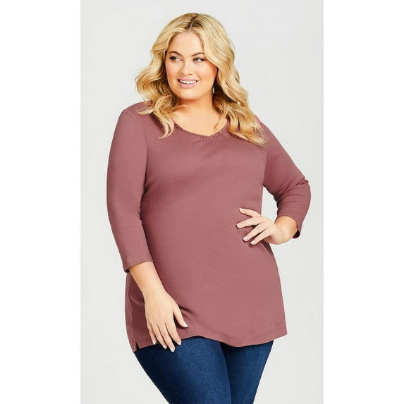 Avenue Women's Plus Size Wessex Essential Longline Tee V-Neck With Crochet Trim 3/4 Sleeves
