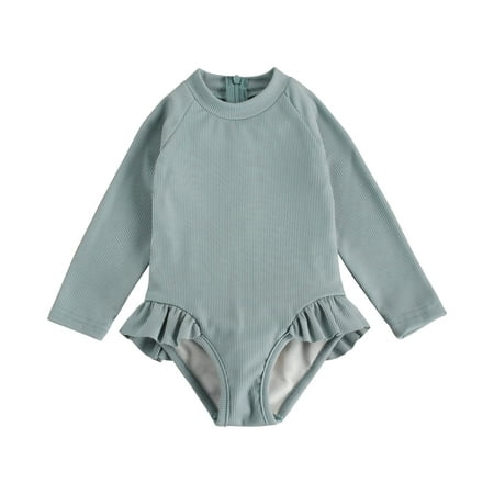 

Sunisery Toddler Kids Girls Swimsuit One Piece Swimwear Long Sleeve Back Zipper Ribbed Triangle Crotch Jumpsuit Beachwear Blue Grey 4-5 Years