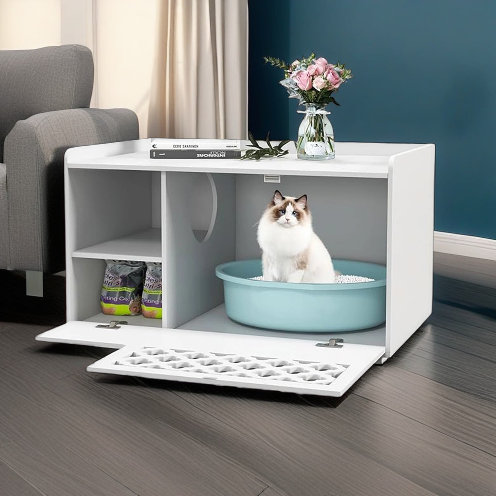 Kadyn 35" Cat Litter Box Enclosure Hidden, Wooden Cat Furniture Storage Bench Kitty Cat Washroom, Indoor Cat Box Cabinet Fit Most of Litter Box, White
