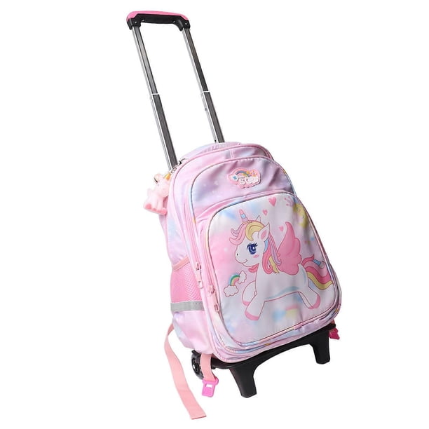 Kids Trolley Backpack Waterproof Reflective Labor Saving 2 Wheels Rolling Children School Bag for Travel Pink