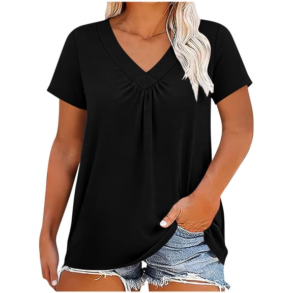 JAINZWN Womens Plus Size Tops Short Sleeve V Neck Pleated Summer Casual Oversized T Shirts Soft Solid Color Blouses XL-5XL