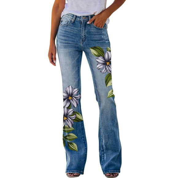 TSADFHJI Skirts for Girls 10-12 Womens Pants Printed Pattern Loose Flared Hem Jeans Stretch Flared Bottoms L Purple
