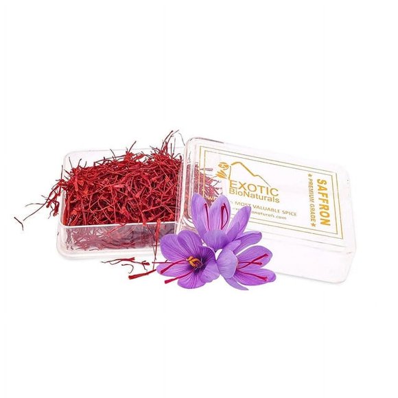 EXOTIC BioNaturals Safran (2 Grammes) / Épice de Safran Super Negin Grade A+ / Safran Tout Rouge Cultivé Biologiquement pour Cuisiner Risotto, Paella, Riz Bomba, Lait Doré et Thé au Safran