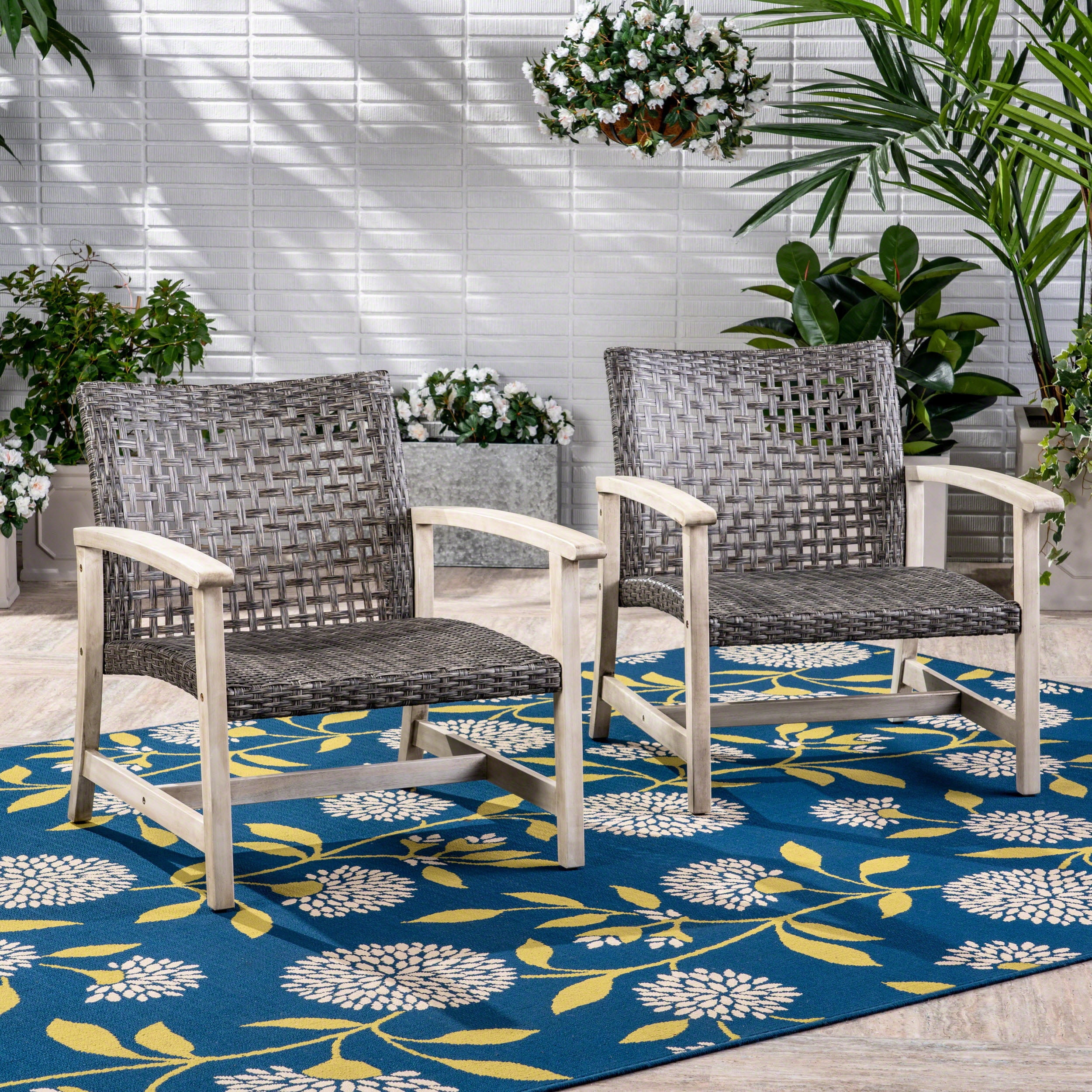 Outdoor Wood Woven Combined Club Chair Set of 2, Leisure Relax Seats for Patio Garden, Mixed Black and Light Gray Wash
