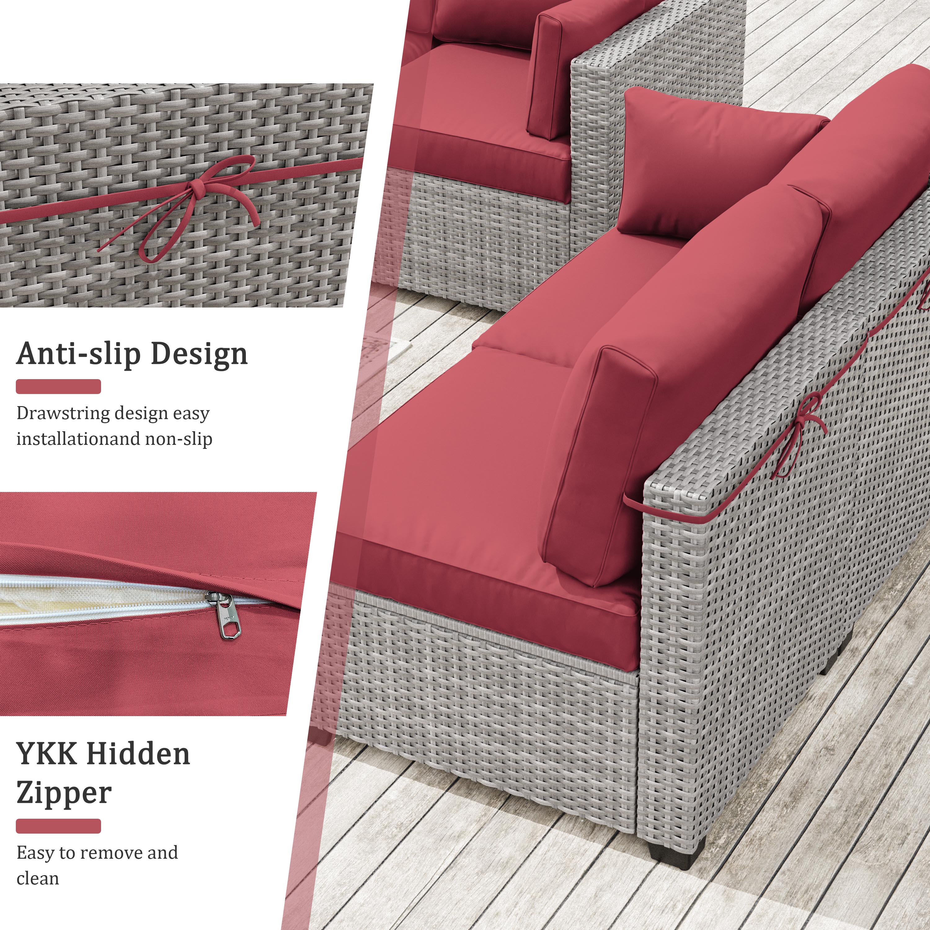Snubbull 8-Piece Patio Furniture Cushions, Replacement Outdoor Cushions for 3-Seat Sectional Sofa, Waterproof & Zipped, 25.6"*23.6"*7", Fuchsia Red​