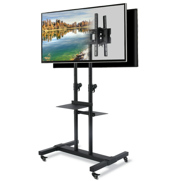 Black 37 To 80 Inch Mobile Tv Cart On Wheels Metal Dual Shelf Walmart Com Walmart Com