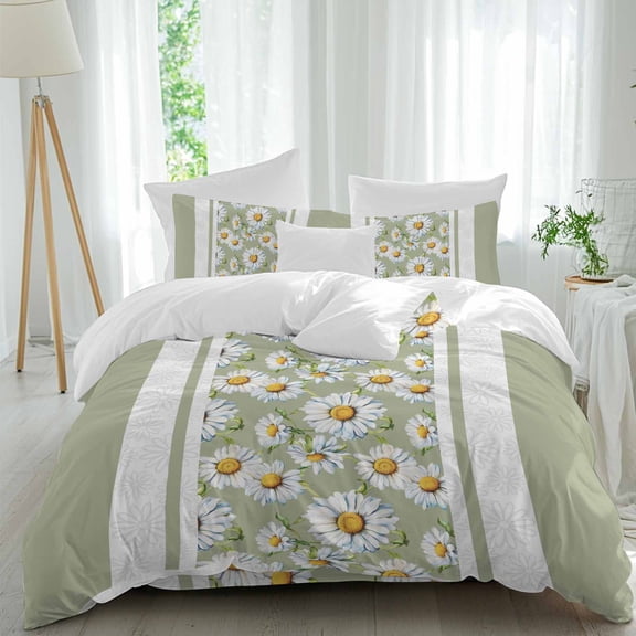 Country Daisy Full Size Comforter Set, Sage Green Stripes Floral Watercolor Texture Bedding for All Seasons, 4 Pcs Bed Set, 1Quiltcover (86"x86") ,1Sheet(80"x116"), 2Pillowcases (30"x20")