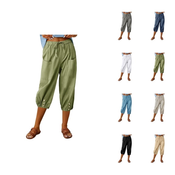 Capri Pants for Women Summer Casual Cotton Elastic High Waisted Wide Leg Relaxed Fit Cropped Pants with Deep Pockets