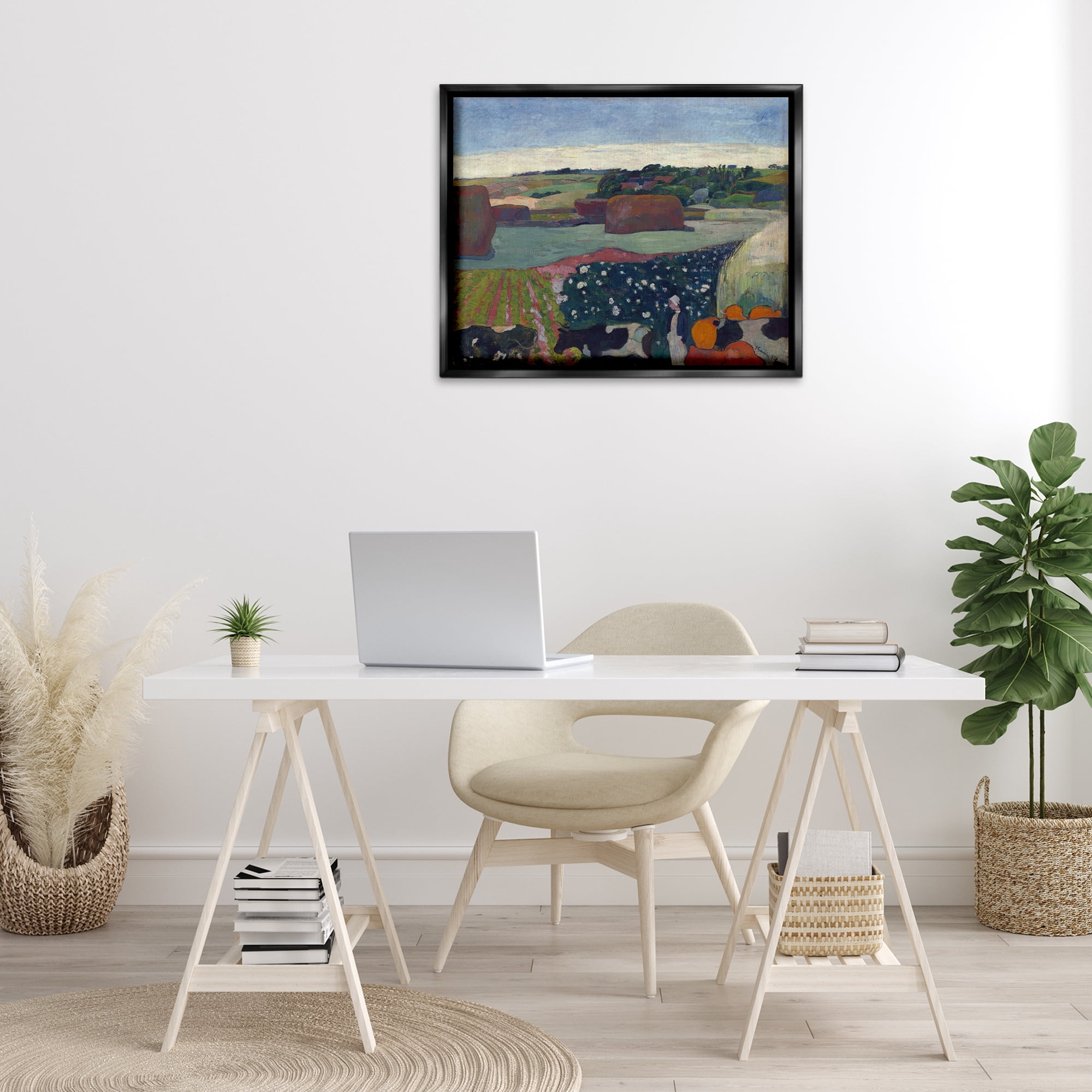 Stupell Industries Classic Haystacks in Brittany Landscape & Nature Painting Black Floater Framed Canvas Art Print Wall Art, 31 x 25