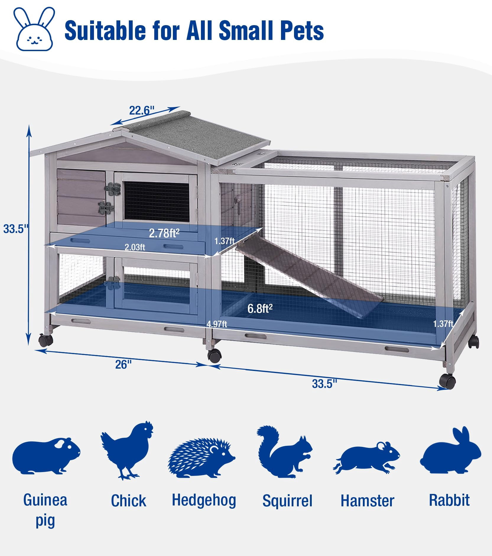 Aivituvin Large Rabbit Hutch Indoor, Bunny Cage Outdoor with Chew-Proof Ramp, 2-Story Guinea Pig Cages with 6 Wheels, 3 Pull-Out Trays, Waterproof Asphalt Roof, 62" L - Gray
