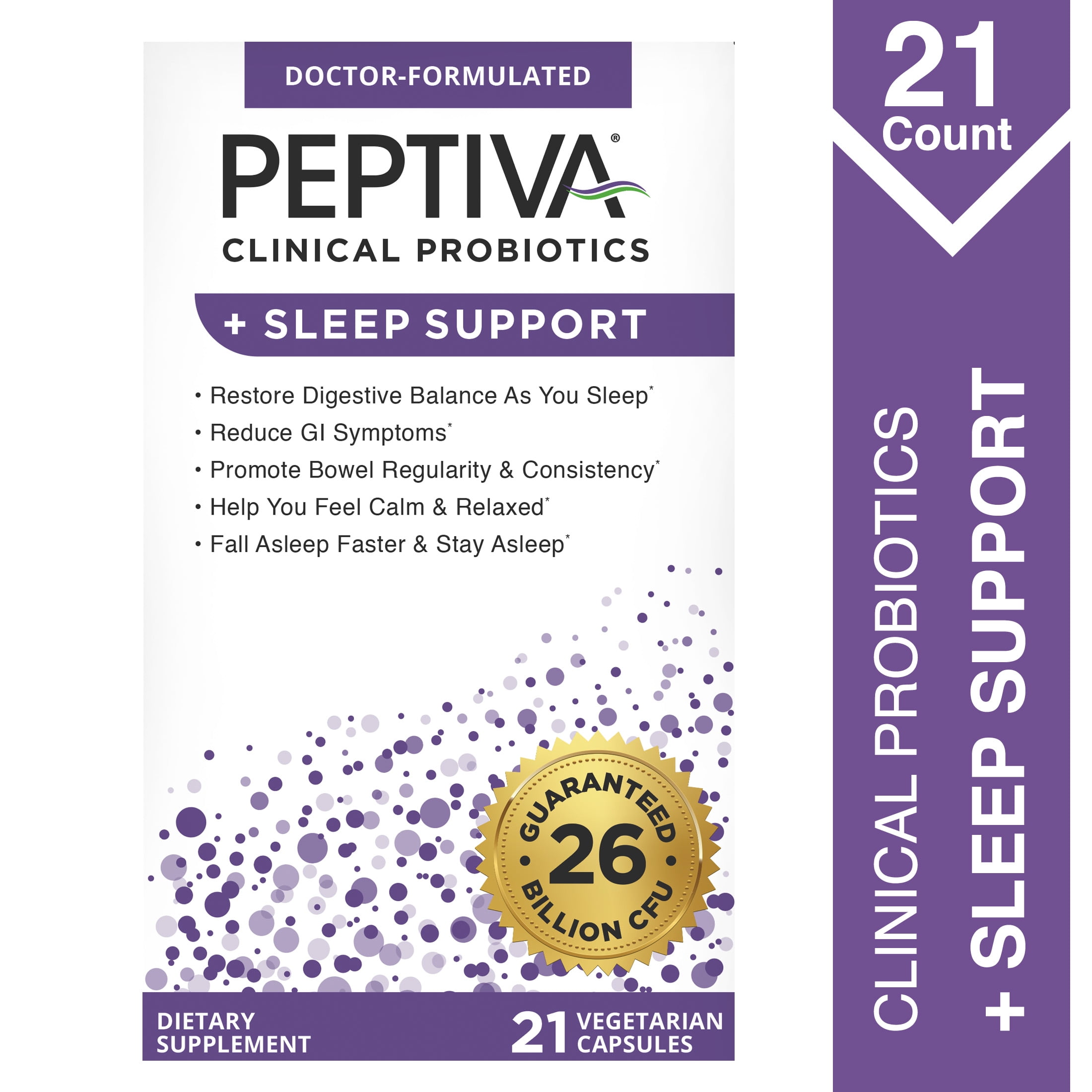 Peptiva Probiotics + Sleep Support, 26 Billion CFUs, Multi-Strain Probiotics, 21 Count, Adult