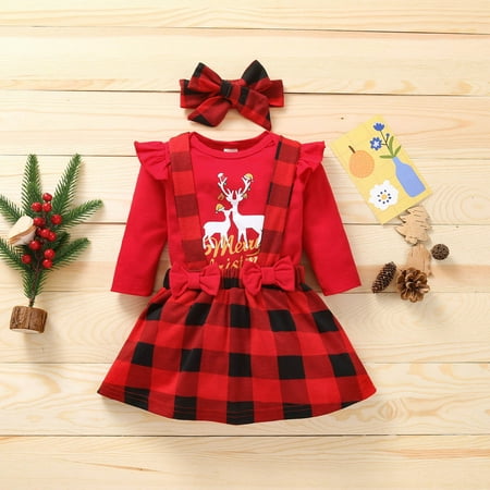 

KONBECA Infant Girls Tops Skirt Outfit Sets Toddler Girls Cute Little Elk Santa Claus Print Romper and Plaid Suspender Skirt and Headband Suit Little Girls Top Infant Skirt Set Red (6-12 Months)