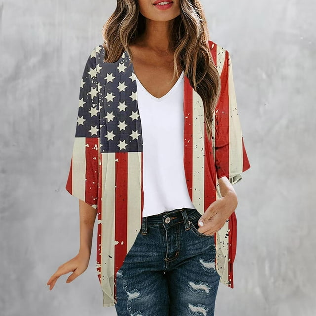 EGNMCR Cardigan Ladies' Cardigan Independence Day Printed Spring And Summer Long Sleeved Printed Women Coat