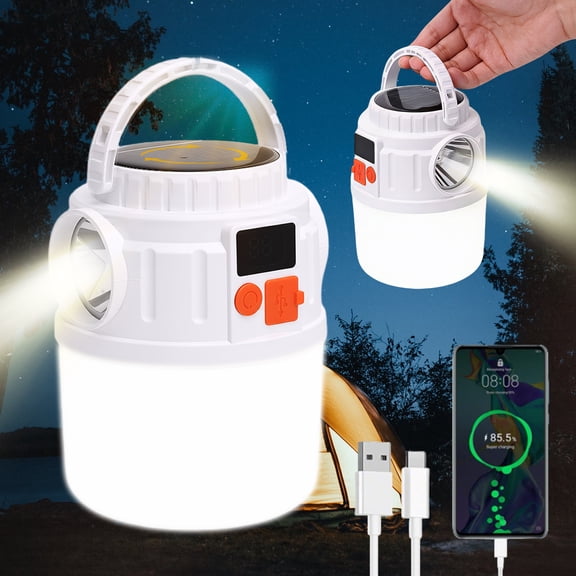 Solar Camping Lantern Dual Light Source LED Rechargeable Emergency Light with Digital Display Portable Hook for Hiking Outdoor