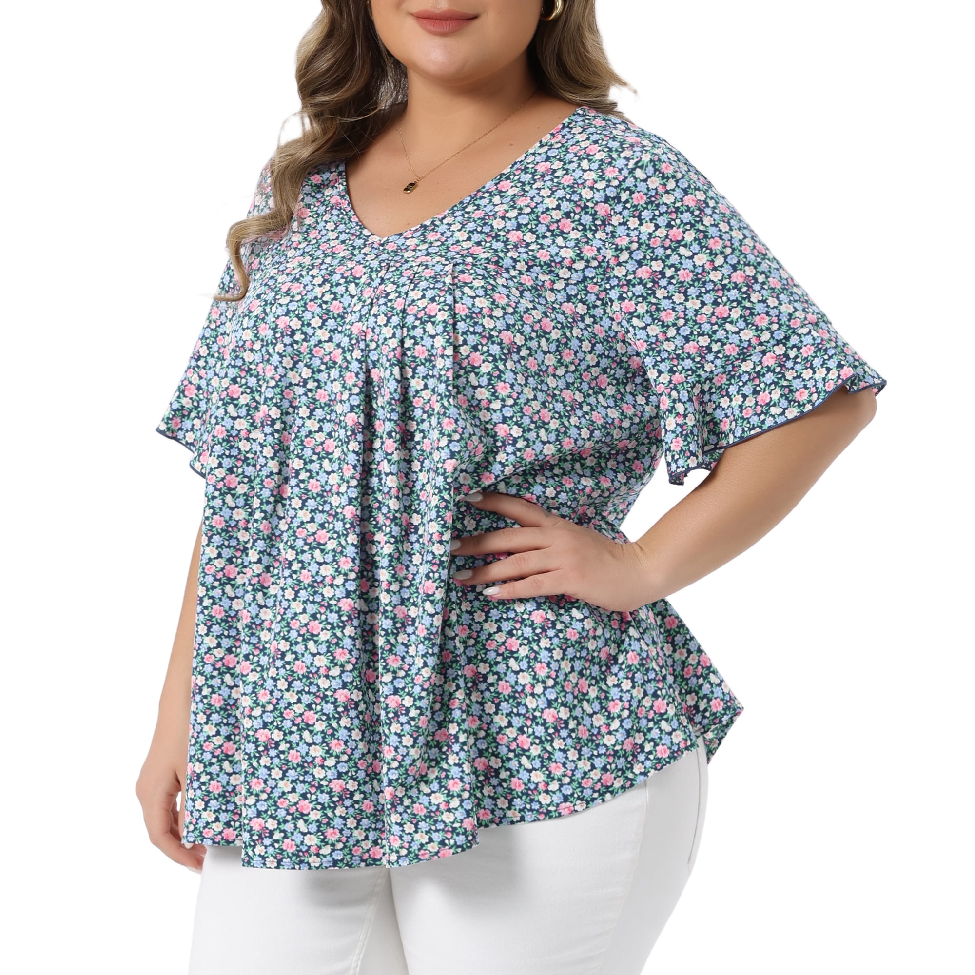 Women's Plus Tops V Neck Flared Sleeve Ditsy Floral Pleated Casual Summer Blouses 3X Dark Green