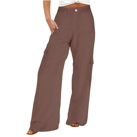MELDVDIB Womens Cargo Travel Pant Baggy Button Waist Wide Leg Pants Fashion Casual Solid Color Lounge Trousers with Pocket Brown L