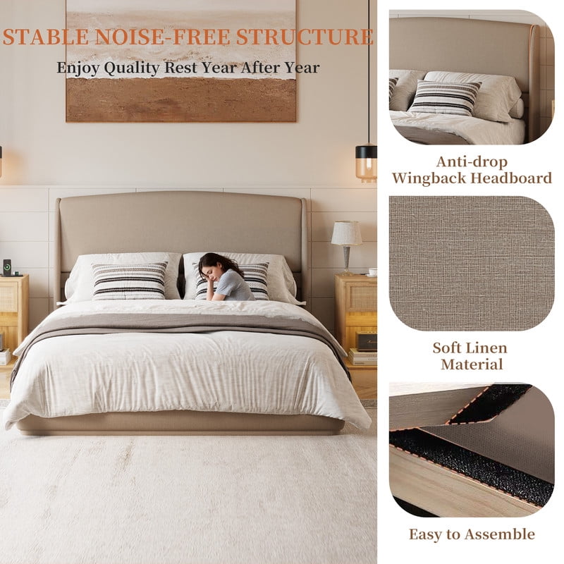 Queen Size Linen Upholstered Bed Frame with Padded High Headboard, Low-Profile Platform Bed with No Box Spring Needed