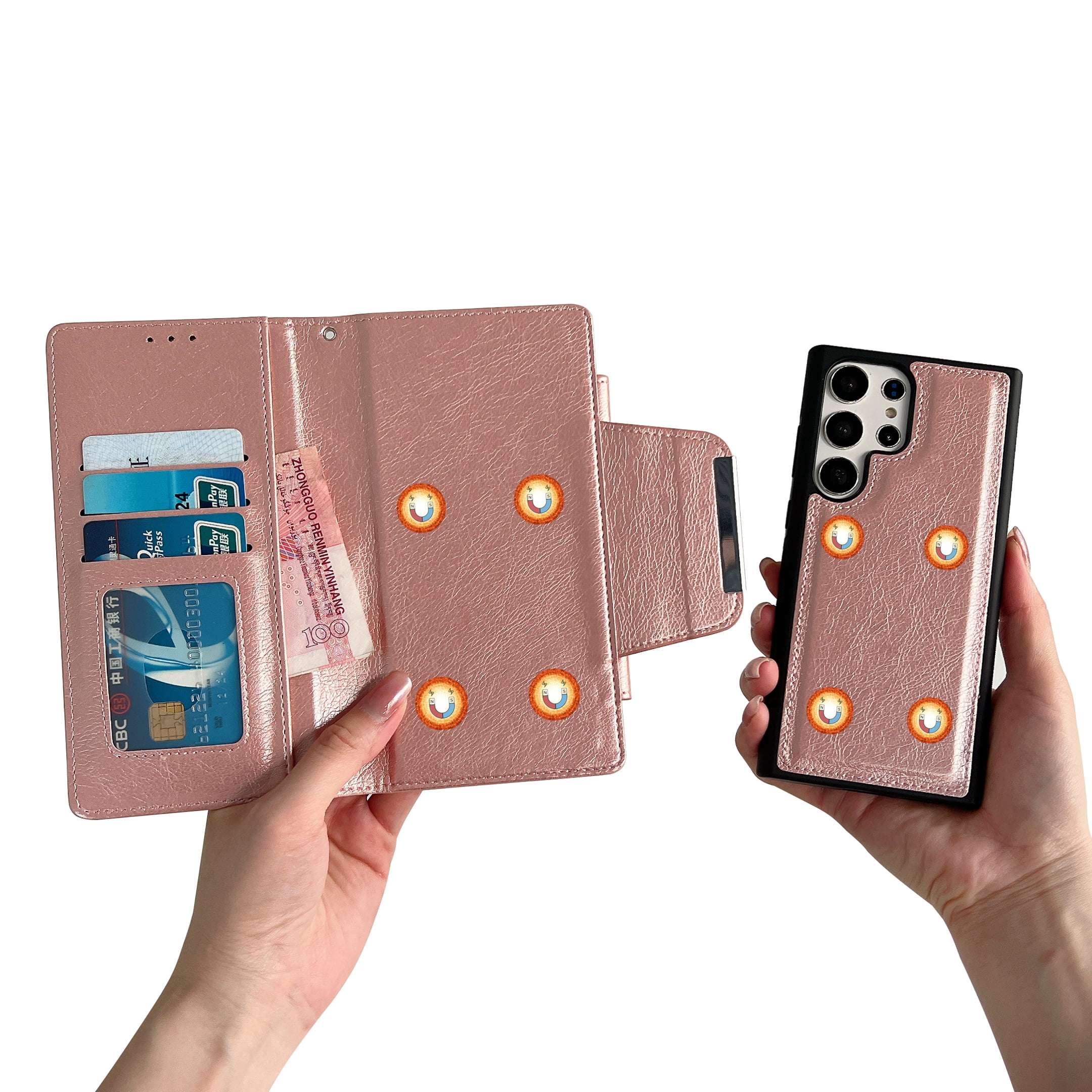 Designed For Samsung Galaxy S25 Wallet Phone Case,Detachable PU Leather Magnetic Flip,With Card Slots,Flip Folding Kickstand,Heavy Duty Anti-fall Shockproof Rugged Phone Case,Rosegold