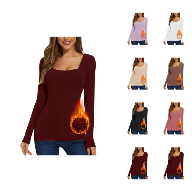 Chemises à Manches Longues pour Femmes 2026 Automne Hiver Col Carré Uni Ajusté Respirant T-Shirt