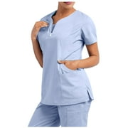 TopLLC Womens Plus Size Scrubs Women's Short Sleeve V-Neck Pocket Zipper Care Workers T-Shirt Tops Casual Nurse Shirts Scrubs on Clearance