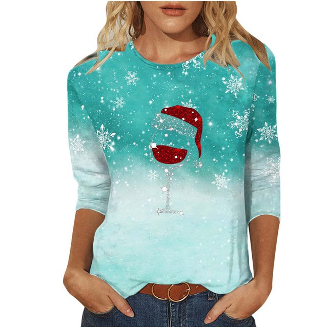 Besolor Chemises de Noël 3/4 pour Femmes Imprimées Col Rond Tuniques Décontractées Grande Taille Blouses de Vacances